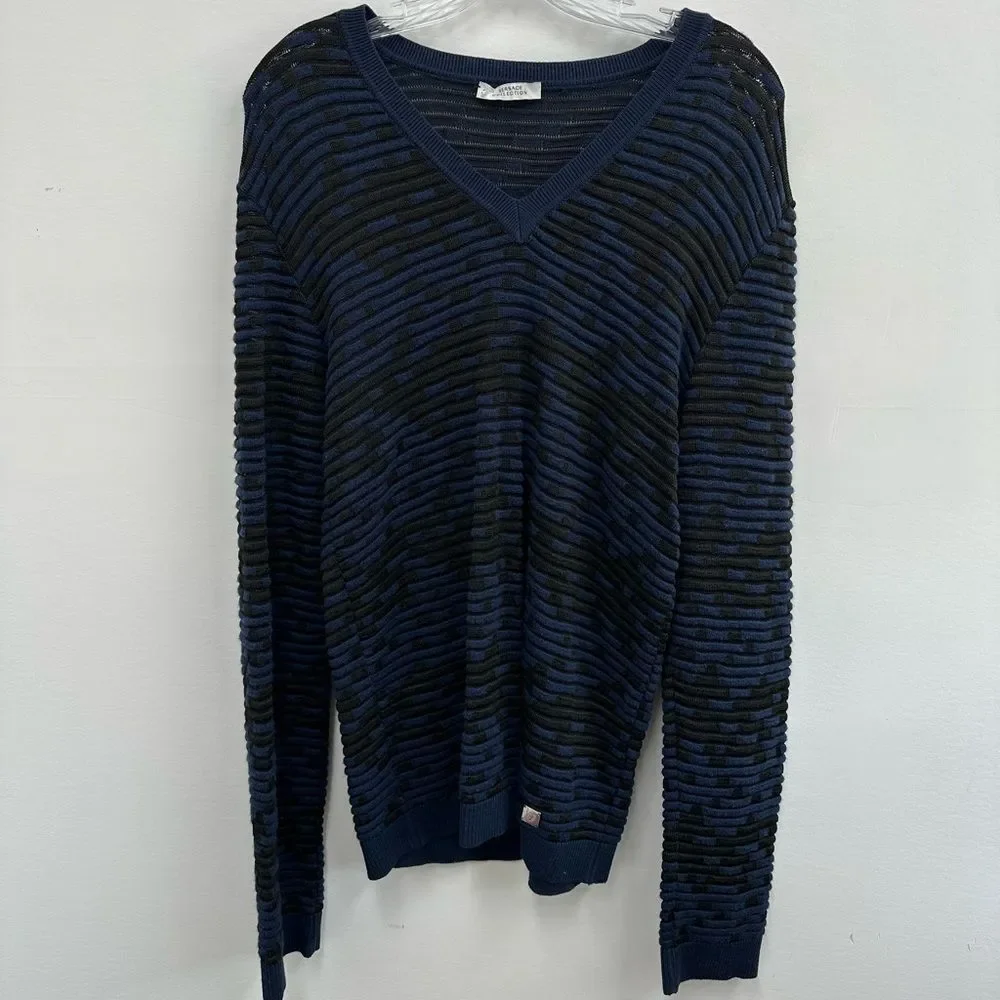 Versace Collection Blue & Black Wool Blend Mesh Knit V-neck Sweater Size M - Picture 3 of 14
